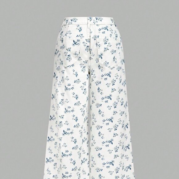 Light Wash Boho Women's Casual Loose Fit Wide Leg Ditsy Floral Jeans - Picture 4 of 6